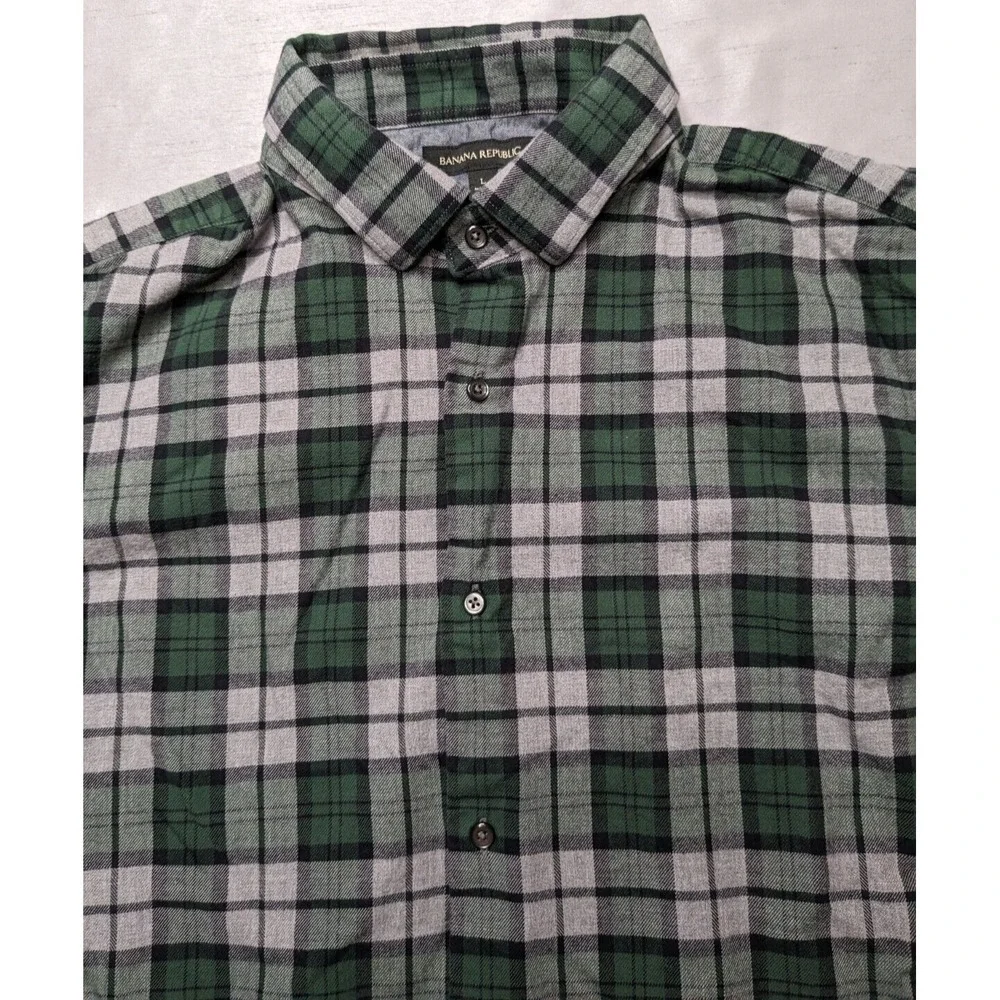 BANANA‎ REPUBLIC Men Large Green Gray Plaid Cotton FLANNEL Shirt
